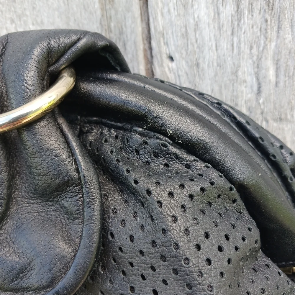 Vintage Perforated‎ Leather Black Clutch Purse Magnet Closure